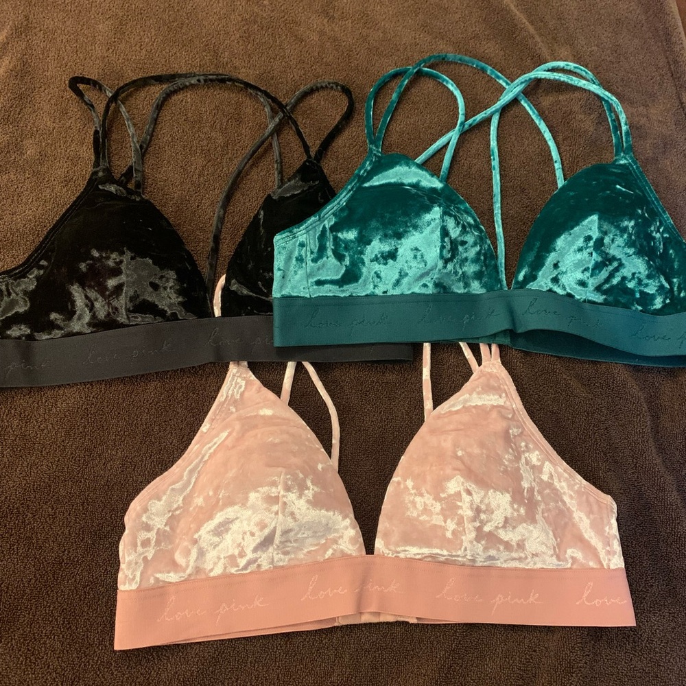 VS PINK Strappy Velvet Bralette Bundle Black, Green & Pink Never Worn Like New